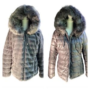 NWOT FULLY REVERSIBLE Gray Fur Puffer Jacket. H3